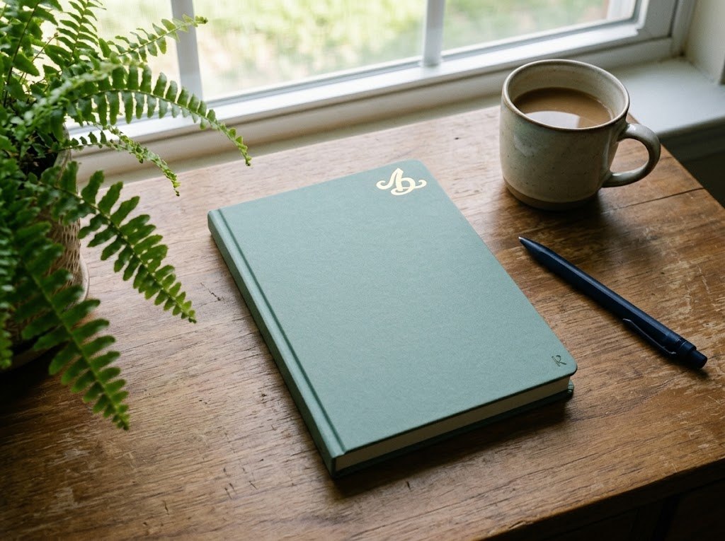 The Bible Copy Club Stone Paper Journal on a wooden desk by a window