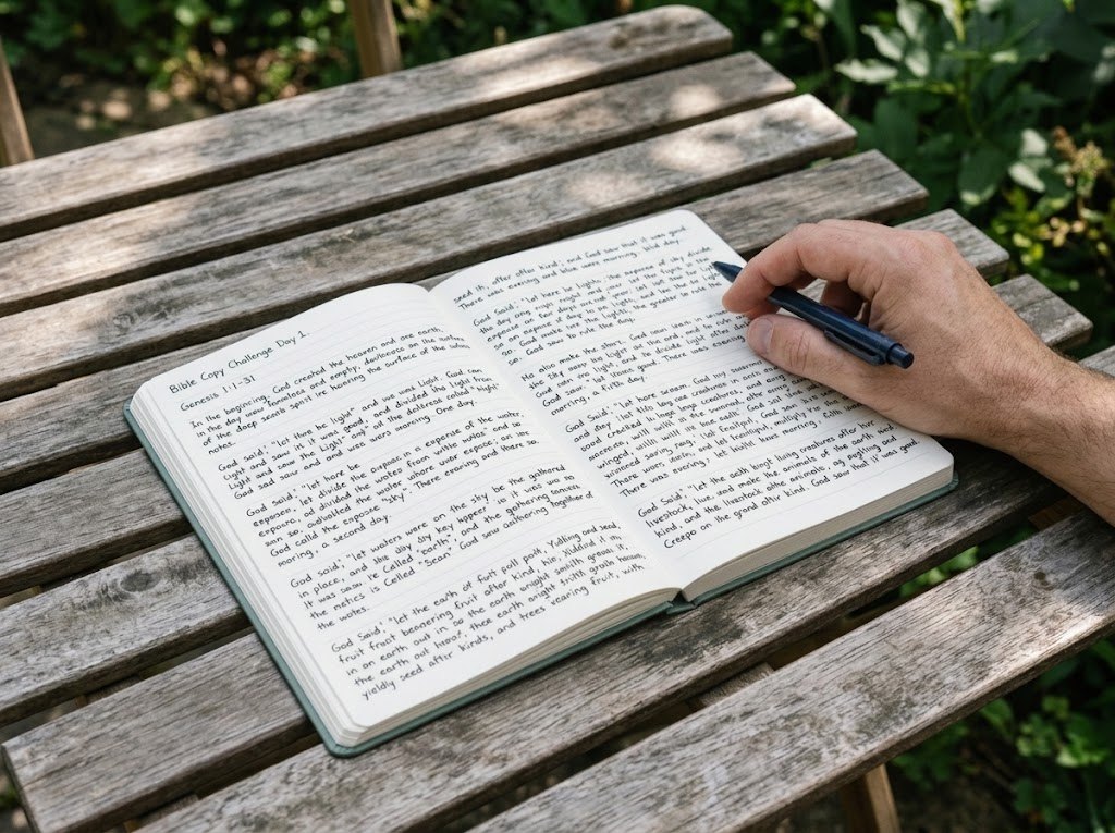 Copying Genesis by hand into the journal at a garden table