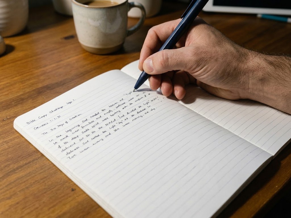 A hand copying Day 1 of the Bible Copy Challenge into the journal